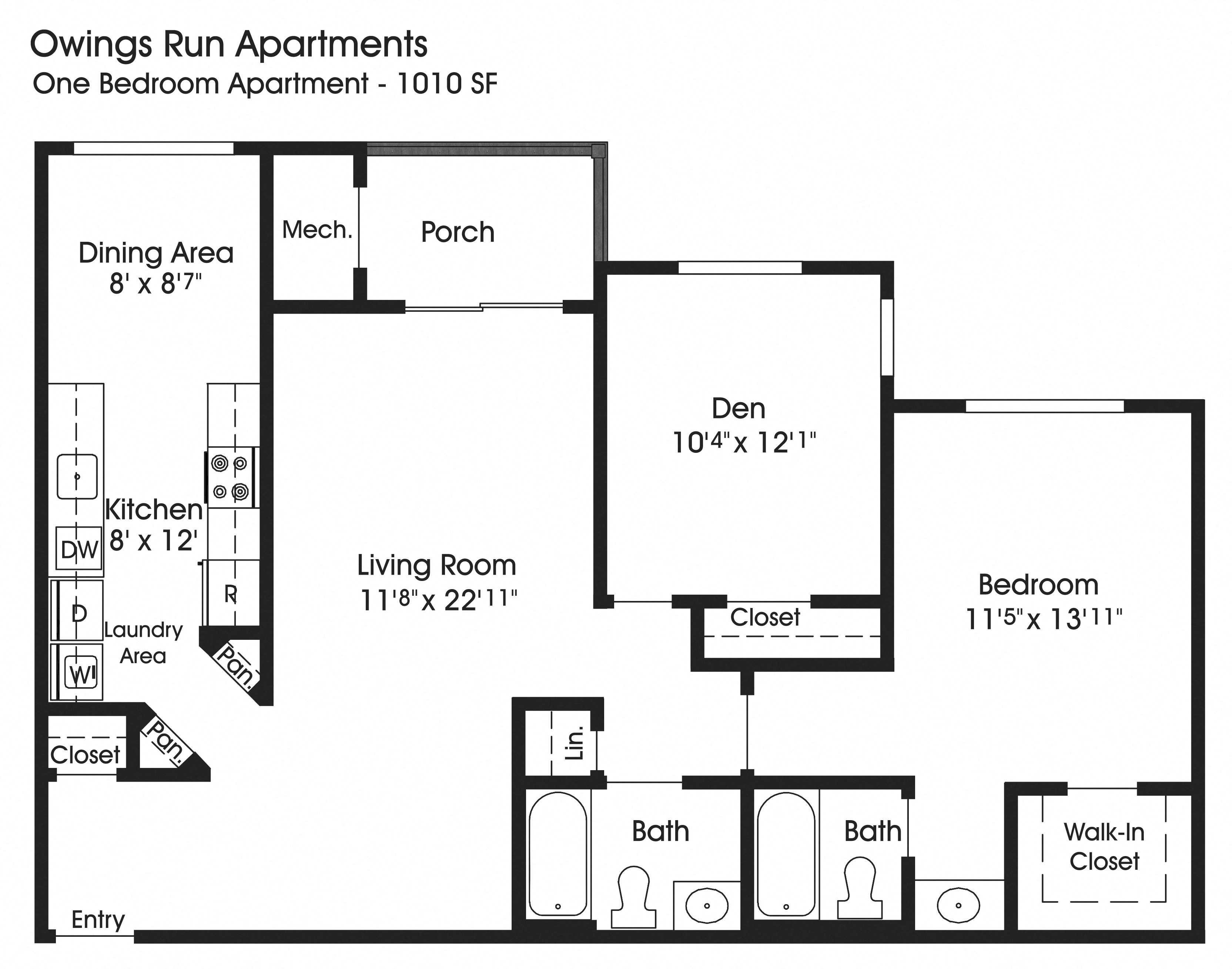 Floor plan for 1 bed, 2 baths, 1010 sqft